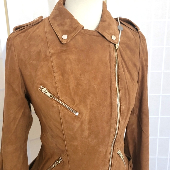 NAF NAF Suede Caramel Brown Biker Jacket NWT 8 - Picture 4 of 12